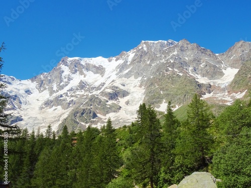 Monte Rosa with its glacier near the village of Macugnaga, Italy - July 2019.