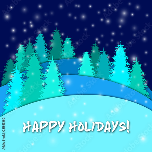 Christmas winter cut landscape background. Spruce  forest in snowdrifts under the stellar snowfall . New Year vector scene.