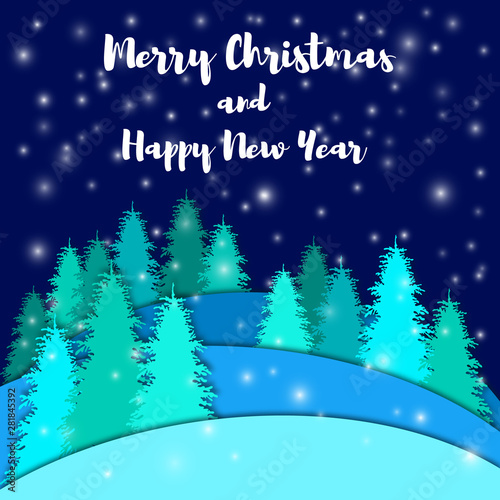 Christmas winter cut landscape background. Spruce forest in snowdrifts under the stellar snowfall . New Year vector scene.