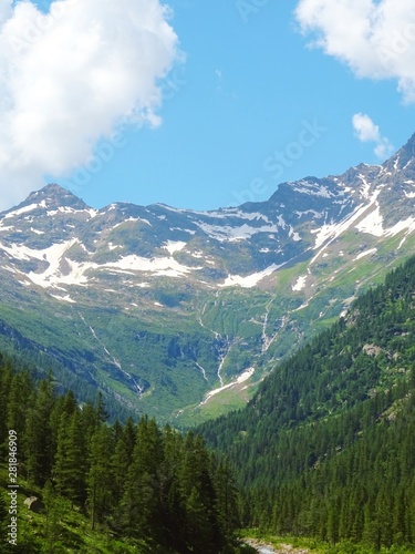 The view of the Alps of the Quarazza valley, near the town of Macugnaga, Italy - July 2019.