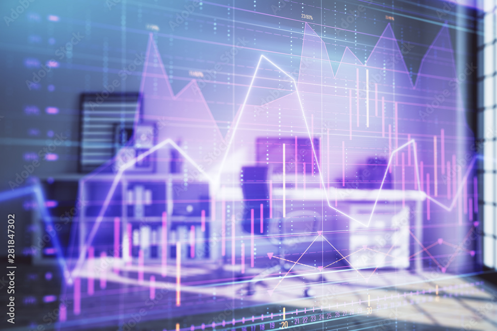 Forex chart hologram with minimalistic cabinet interior background. Double exposure. Stock market concept.