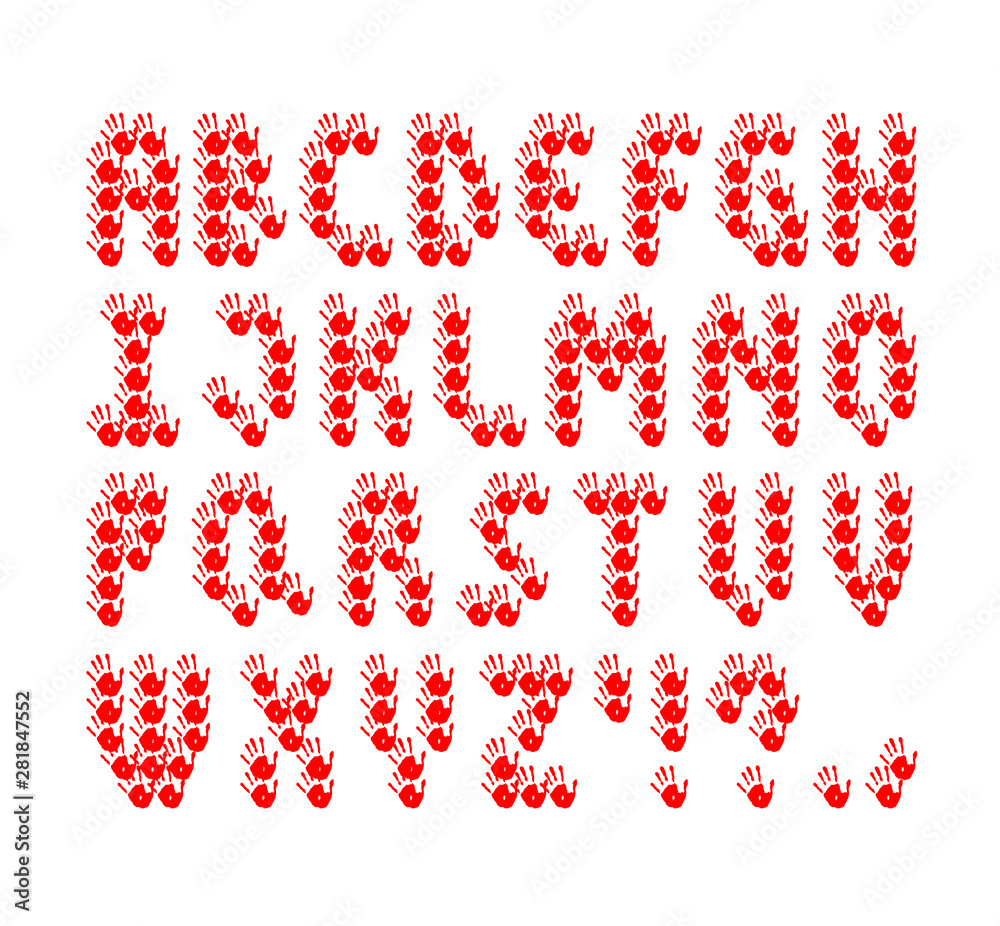 Alphabet latin Letters from red hand prints on white background. Modern text design. Font for poster, banner, logo, print for kids. Alphabet latin Letters from red hand prints on white background. Modern text design. Font for poster, banner, logo, print for kids.