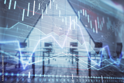 Double exposure of forex chart on conference room background. Concept of stock market analysis