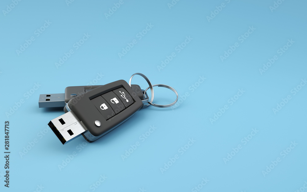 Usb stick as car key concept on blue background. Safe data storage minimal  idea. Pen drive isolated symbol for data storage icon. 3D illustration.  Stock Illustration | Adobe Stock