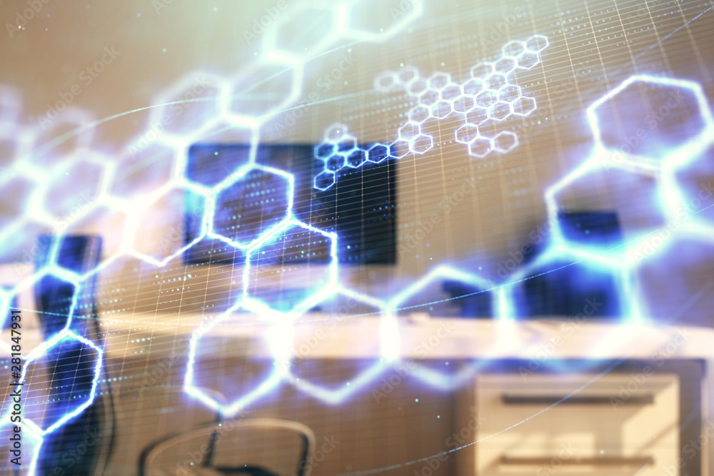 Technology theme hologram and desktop office computer background. Double exposure. Concept of high technology Technology theme hologram and desktop office computer background. Double exposure. Concept of high technology