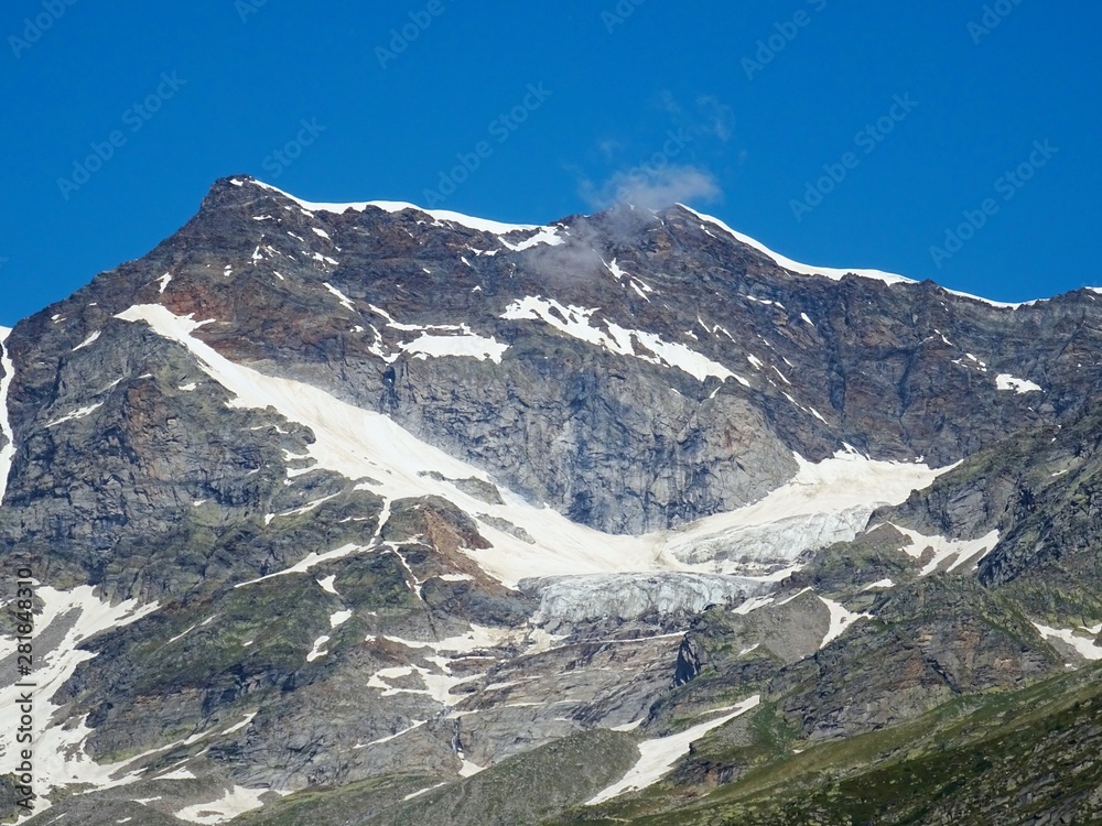 Monte Rosa with its glacier near the village of Macugnaga, Italy - July 2019.