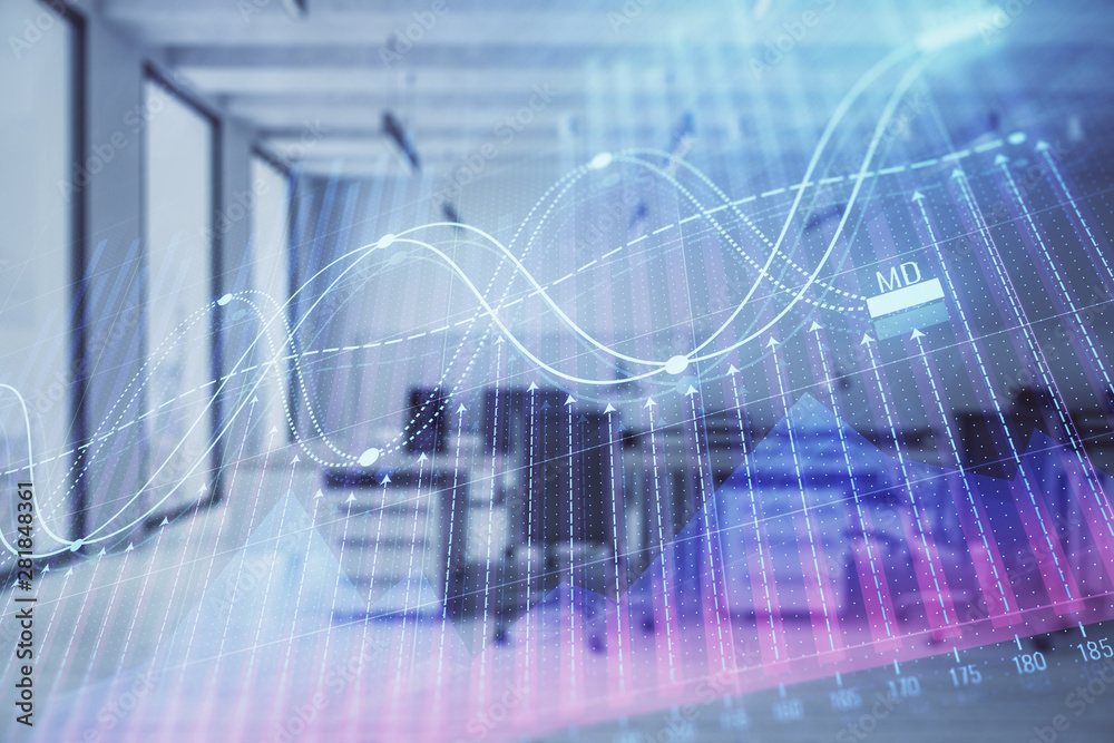 Stock and bond market graph with trading desk bank office interior on background. Multi exposure. Concept of financial analysis Stock and bond market graph with trading desk bank office interior on background. Multi exposure. Concept of financial analysis