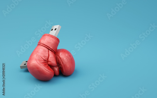Safe data storage concept on blue background. Boxing gloves data protect minimal idea. Flash drive isolated symbol for security data storage. Copy space 3D illustration. © Marcin