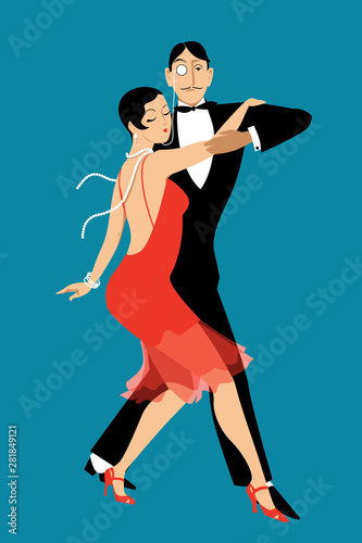 Couple dressed in vintage fashion dancing tango, EPS 8 vector illustration