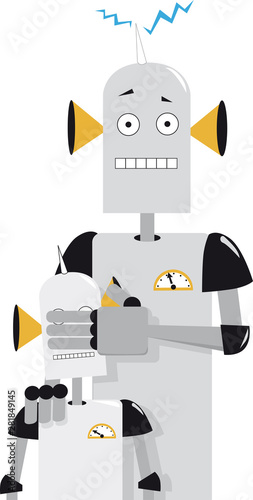 Robot parent covering eyes of a baby robot representing parental control in a digital world, EPS 8 vector illustration