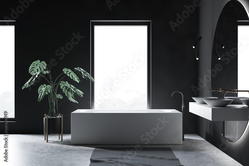Grey loft bathroom interior, tub and double sink
