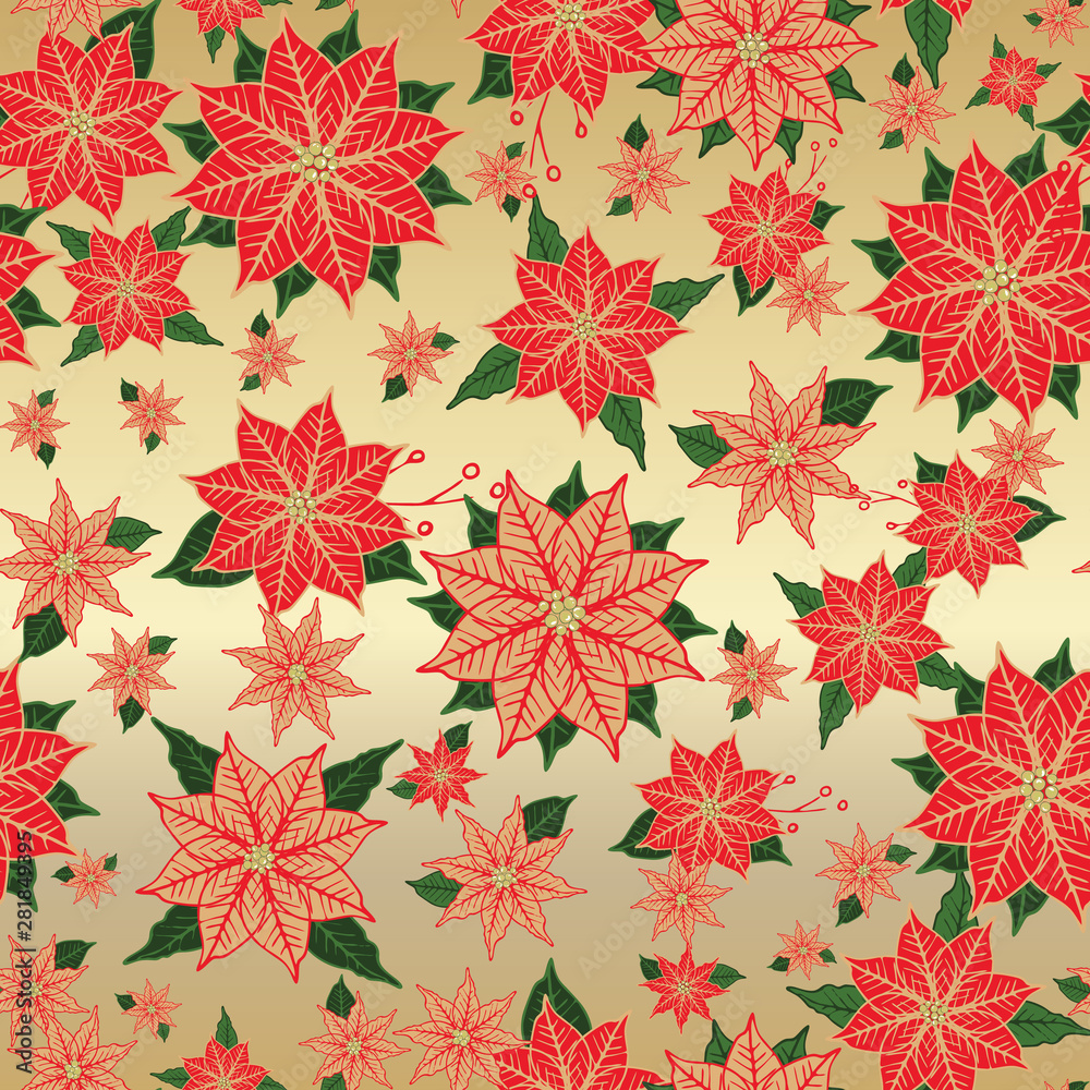 Red and gold Christmas Poinsettia seamless floral pattern background. Festive floral design. Red and gold Christmas Poinsettia seamless floral pattern background. Festive floral design.