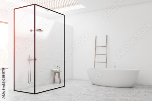 White bathroom corner with shower and tub