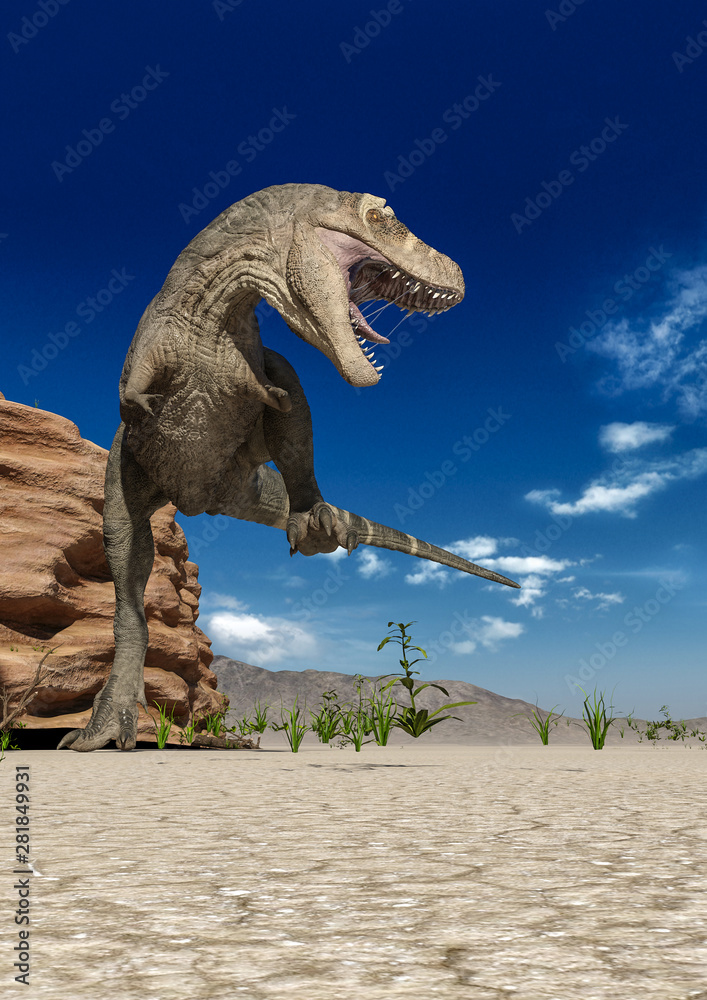 Fototapeta premium t rex the strongest dinosaur is angry in the sand and stone with the camera on the flor