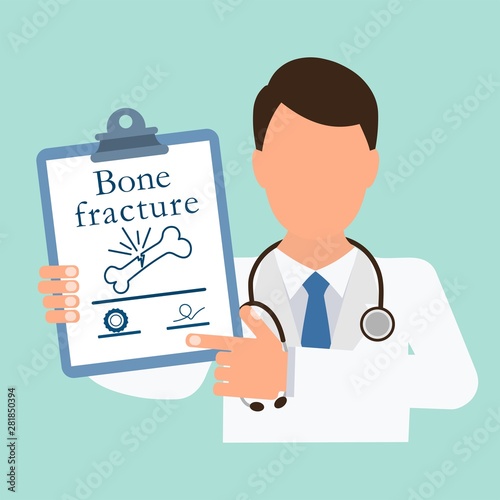 Injury. Bone fracture. Medical document. Vector linear icon on a white background.