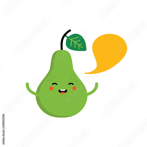 Cute and green pear character with speech bubble, talking, giving advice or information. 