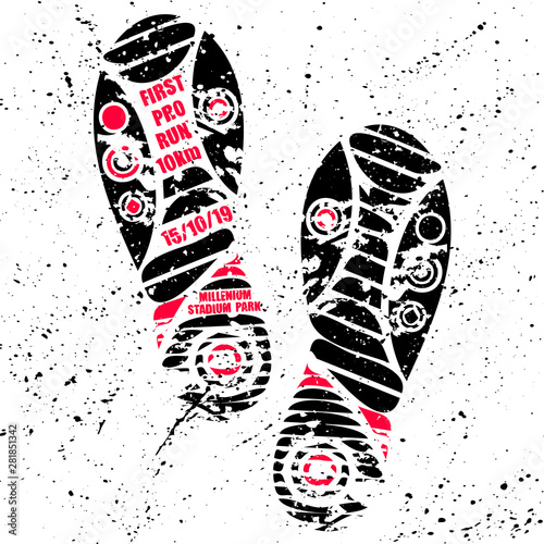 Black shoes print silhouette with red text for marathon poster