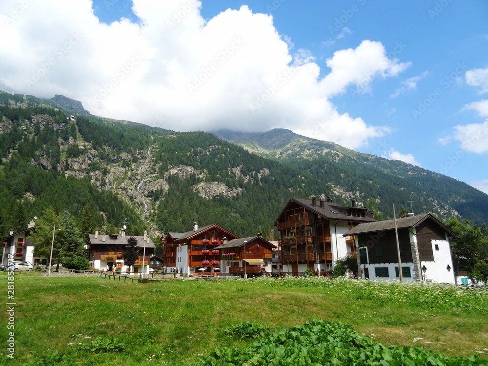 The architecture of the small town of Macugnaga and its hamlets, in the Italian Alps - July 2019.