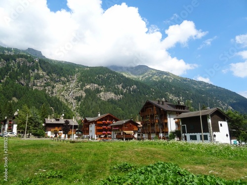 The architecture of the small town of Macugnaga and its hamlets, in the Italian Alps - July 2019.