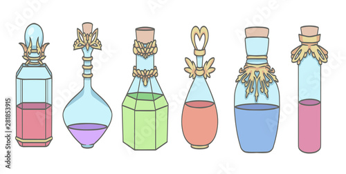 Vector collection of different magical potion vials and bottles with golden ornaments filled with colorful liquids