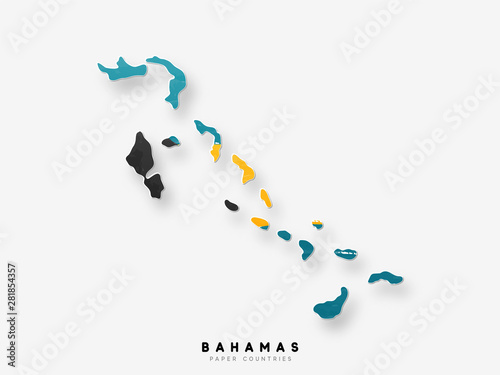 Bahamas detailed map with flag of country. Painted in watercolor paint colors in the national flag