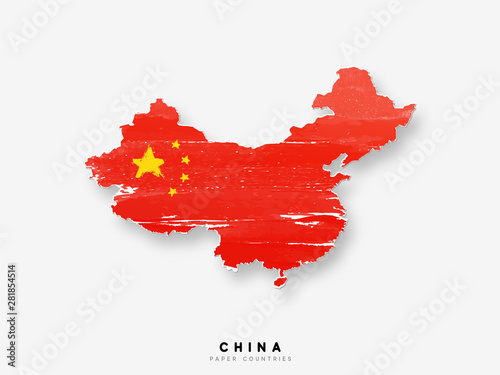 China detailed map with flag of country. Painted in watercolor paint colors in the national flag