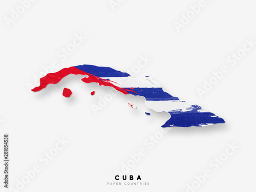 Cuba detailed map with flag of country. Painted in watercolor paint colors in the national flag
