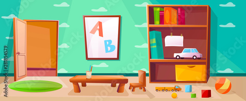Playroom for kids or children with games, toys, abc. Interior with open door and wardrobe. Elementary school class with table for studying. Wallpaper with cloud illustration.