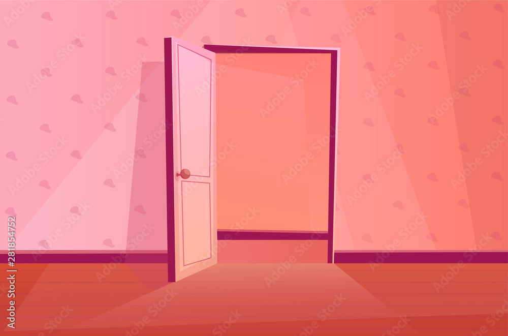 Open door with wallpaper texture. Indoors. Entering the room. Cartoon vector illustration in pink colors. Open door with wallpaper texture. Indoors. Entering the room. Cartoon vector illustration in pink colors.