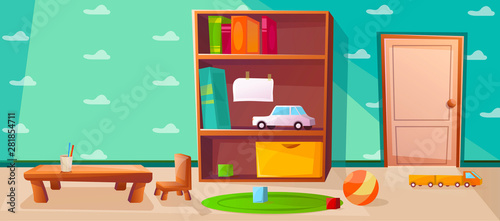 Playroom for kids or children with games, toys. Interior with door and wardrobe. Elementary school class with table for studying. Wallpaper with cloud illustration.