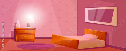 Bedroom interior with a large bed Nightstand with the lamp and vase. Purple carpet on the floor. Textured Wallpaper with pictures on the wall. Cartoon room in pink color