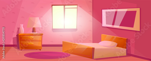Bedroom interior with window and a large bed Nightstand with the lamp and vase. Purple carpet on the floor. Textured Wallpaper with pictures on the wall. Cartoon room in pink color