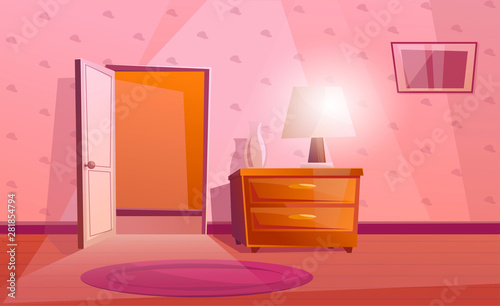 Room interior with open door, nightstand with the lamp and vase. Purple carpet on the floor. Textured Wallpaper with pictures on the wall. Cartoon room in pink color