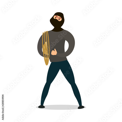 Burglar with black mask and hiking rope ready to do criminal action