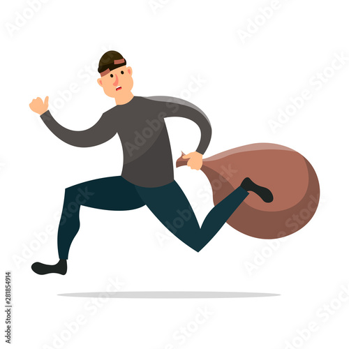 Scared burglar is running away with big money sack