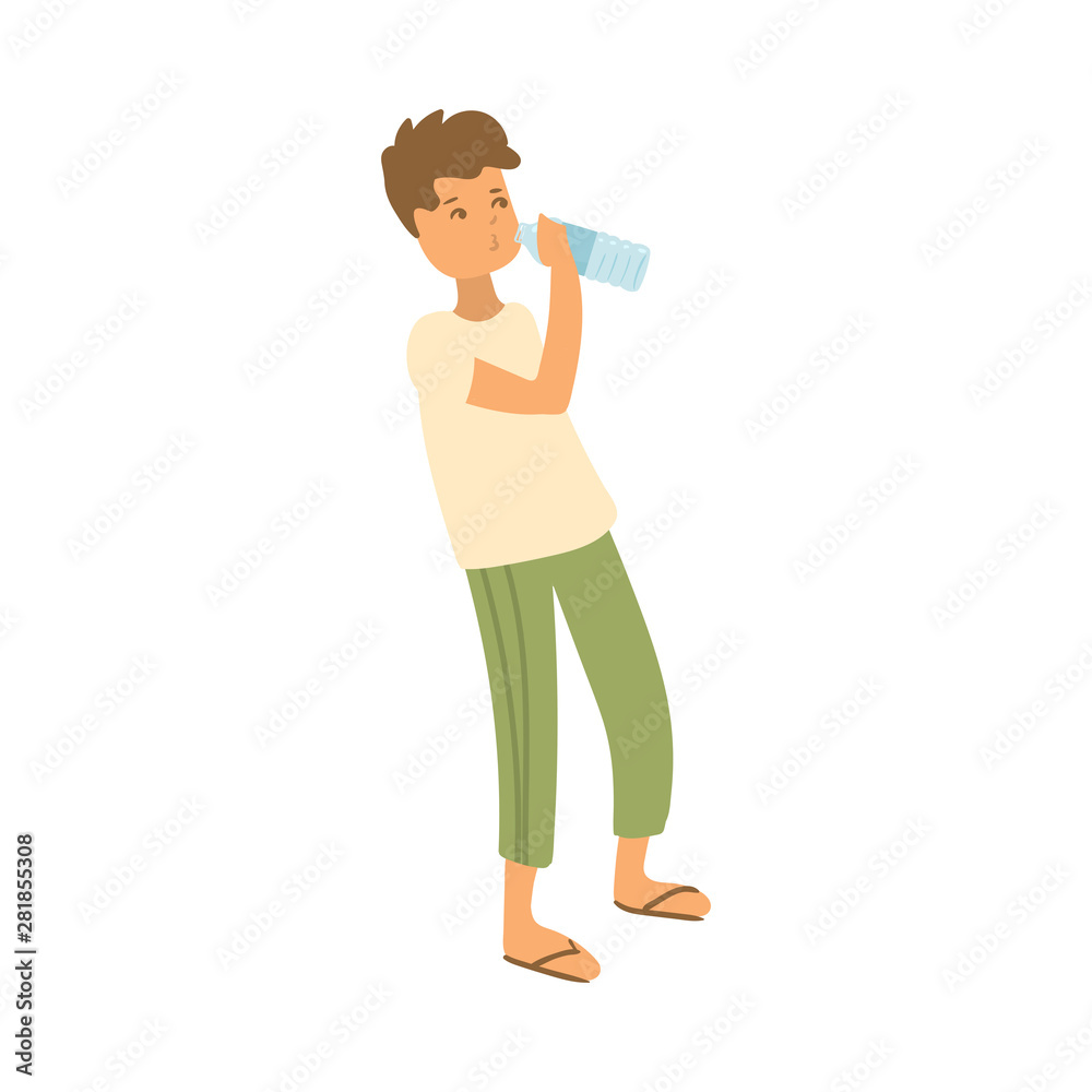 Cute boy in green pants drink water in bottle