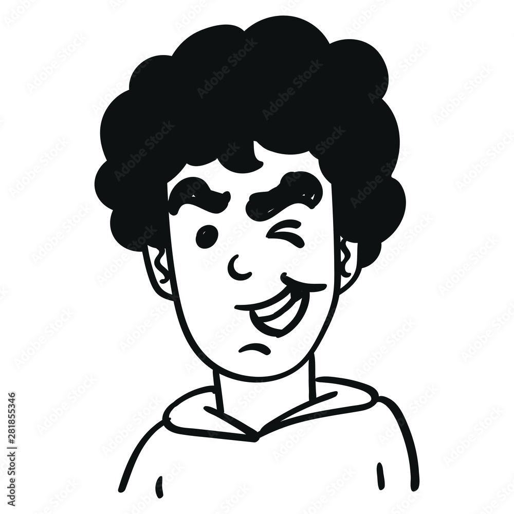 Face of a boy who winks and laughs. outline comic illustration. Face of a boy who winks and laughs. outline comic illustration.