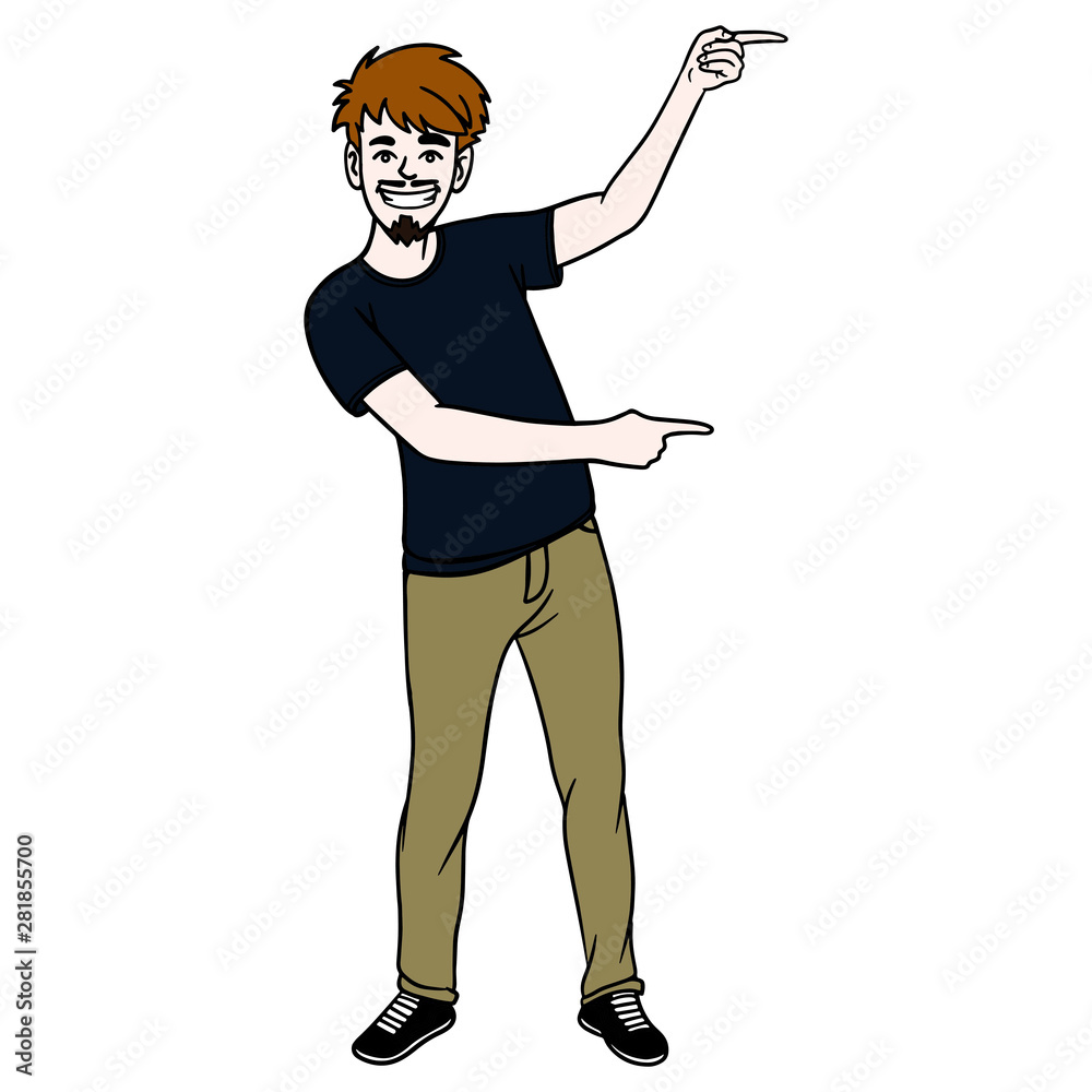 Vector illustration of a great character with a furry head and beard pointing with both hands at something. blue tshirt, brown pants.