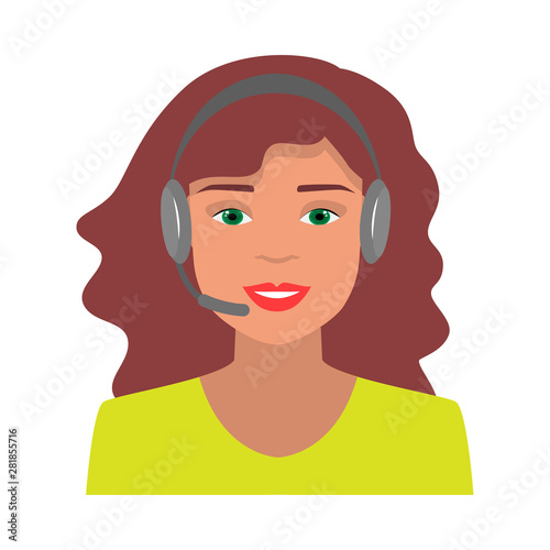 Long red hair woman in green dress, call center operator