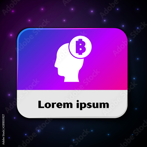 White Bitcoin think icon isolated on black background. Cryptocurrency head. Blockchain technology, digital money market, cryptocoin wallet. Rectangle color button. Vector Illustration