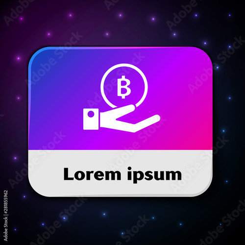 White Hand holding Bitcoin icon isolated on black background. Blockchain technology, digital money market, cryptocoin wallet. Rectangle color button. Vector Illustration