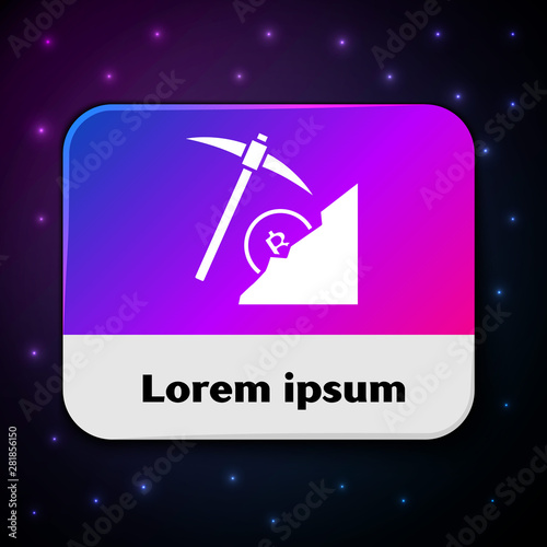 White Cryptocurrency cloud mining icon isolated on black background. Cloud with pickaxe, bitcoin, digital money market, cryptocoin wallet. Rectangle color button. Vector Illustration