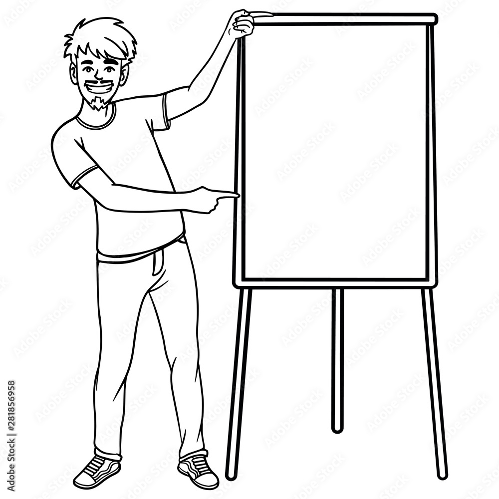 comic outline drawing of a boy pointing at a blank flipchart. doodle, character, monochrome. comic outline drawing of a boy pointing at a blank flipchart. doodle, character, monochrome.