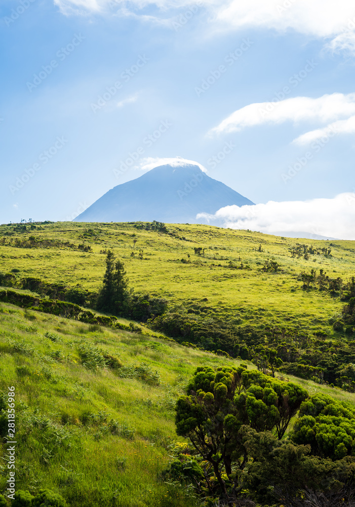 Fototapeta premium Pico Vulcano with green meadows against blue sky, Pico Island, Azores Islands, Portugal
