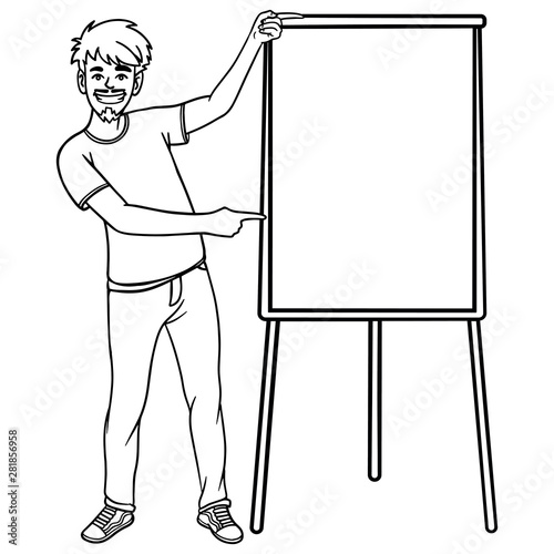 comic outline drawing of a boy pointing at a blank flipchart. doodle, character, monochrome.