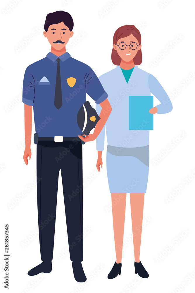 Professionals workers couple smiling cartoons Professionals workers couple smiling cartoons