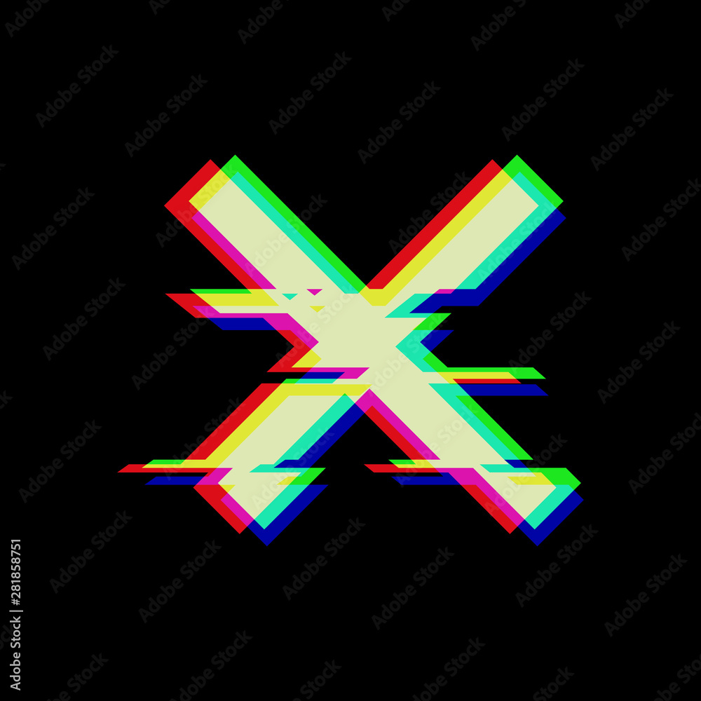 Vector symbol of cross in glitch style. Geometric glitched Icon isolated on black background. Modern digital pixel distorted design. Television video error shape. Creative template Vector symbol of cross in glitch style. Geometric glitched Icon isolated on black background. Modern digital pixel distorted design. Television video error shape. Creative template