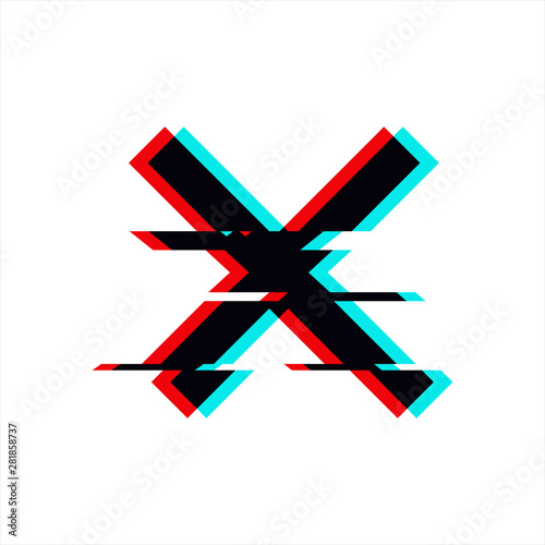 Vector symbol of cross in glitch style. Geometric glitched Icon isolated on white background. Modern digital pixel distorted design. Television video error shape. Creative template