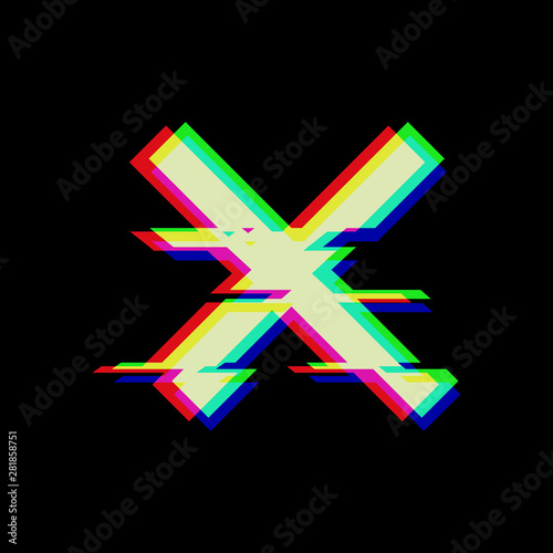 Vector symbol of cross in glitch style. Geometric glitched Icon isolated on black background. Modern digital pixel distorted design. Television video error shape. Creative template