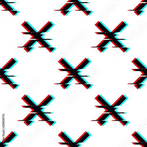 Vector seamless pattern with symbol of cross in glitch style. Geometric glitched Icon isolated on white background. Modern digital pixel distorted design. Television video error shape. Creative mark